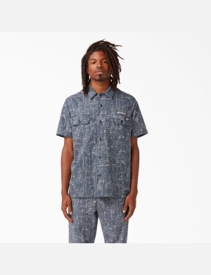 Chemises De Travail Dickies Twill Button Up Corta Sleeve Bleu Marine | 436YHUPRC