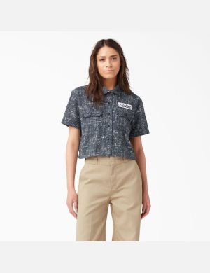 Chemises Dickies Cropped Corta Sleeve Travail Bleu Marine | 716CFQHGZ