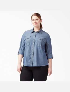 Chemises Dickies Plus Long Sleeve Chambray Roll-Tab Travail Bleu Clair | 168KWZVEA