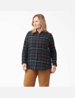 Chemises Dickies Plus Size Long Sleeve Plaid Flannel Bleu Marine | 043LJNQFG