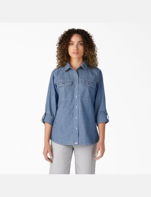 Long Sleeve Dickies Chambray Roll-Tab Travail Shirt Bleu Clair | 502BTYXLO