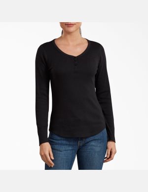 Long Sleeve Dickies Henley Shirt Noir | 615VCAJIT