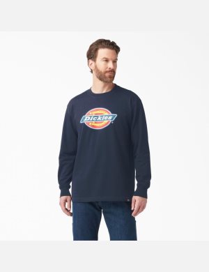 Long Sleeve Dickies Tri-Color Logo Graphique T-Shirt Bleu Marine | 579CMHNQB