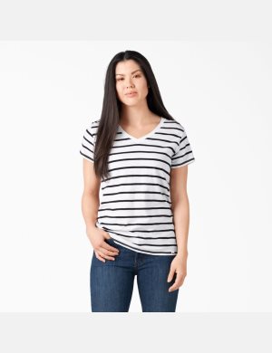 T Shirts Dickies Corta Sleeve V-Neck Blanche Noir Stripes | 518JVZDBC