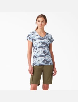 T Shirts Dickies Corta Sleeve V-Neck Bleu Camouflage | 370KQMHSP