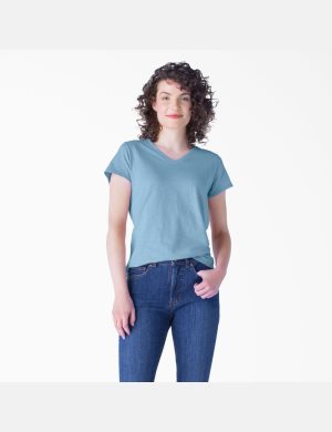 T Shirts Dickies Corta Sleeve V-Neck Bleu | 963EXPWQJ