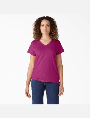 T Shirts Dickies Corta Sleeve V-Neck Fushia | 487BUAMSH