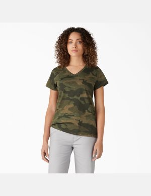 T Shirts Dickies Corta Sleeve V-Neck Vert Olive Clair Camouflage | 831VUGDPR