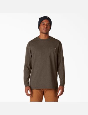 T Shirts Dickies Long Sleeve Heathered Heavyweight Crew Neck Chocolat | 657BDIYAP