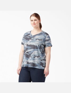 T Shirts Dickies Plus Corta Sleeve V-Neck Bleu Camouflage | 736HGWVCT