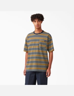 T Shirts Dickies Relaxed Fit Rayé Pocket Jaune Stripes | 278KDPYEJ