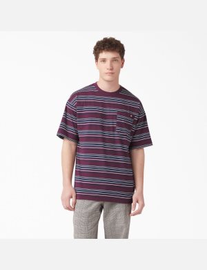 T Shirts Dickies Relaxed Fit Rayé Pocket Violette Bordeaux Stripes | 495JRPLGM