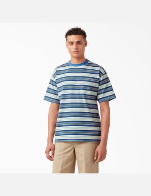 T Shirts Dickies Relaxed Fit Rayé Pocket Bleu Foncé Stripes | 643NHKGMU