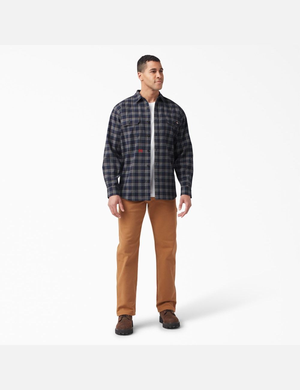 Chemises Dickies FLEX Long Sleeve Flannel Bleu Marine Chocolat Marron | 032PQJYDT