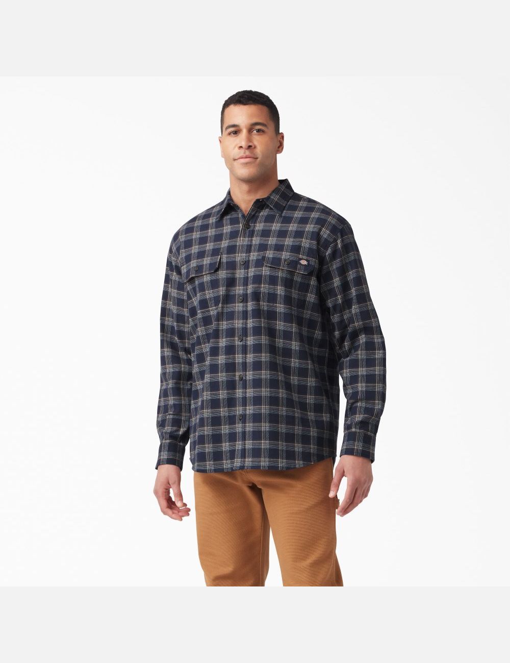 Chemises Dickies FLEX Long Sleeve Flannel Bleu Marine Chocolat Marron | 032PQJYDT