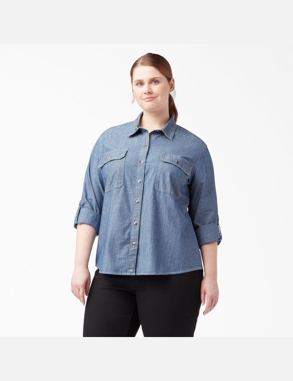 Hauts Dickies Plus Long Sleeve Chambray Roll-Tab Travail Bleu Clair | 834FBCMTX