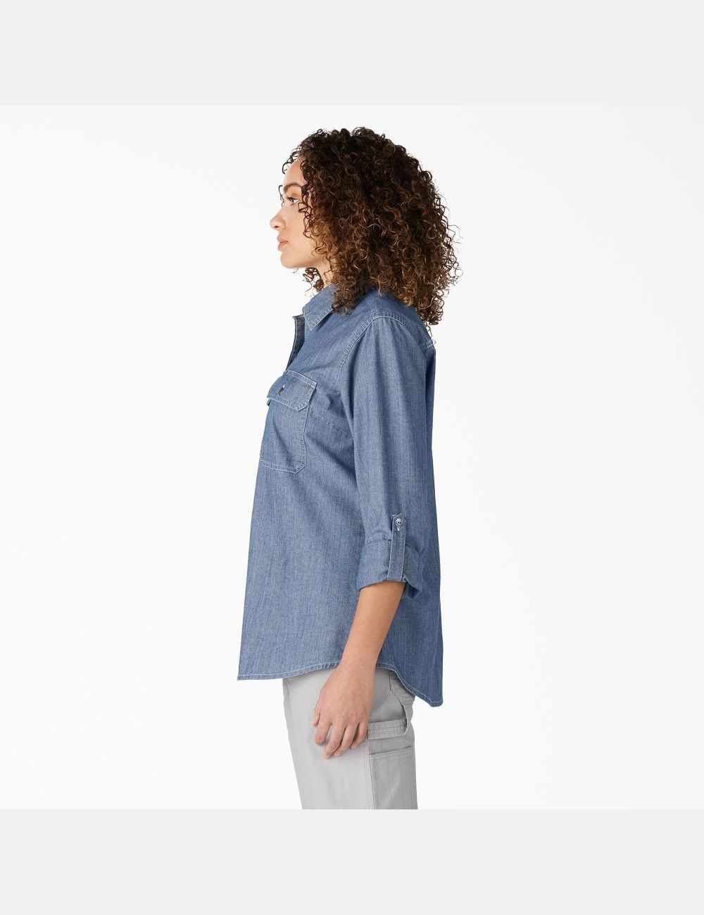 Long Sleeve Dickies Chambray Roll-Tab Travail Shirt Bleu Clair | 502BTYXLO