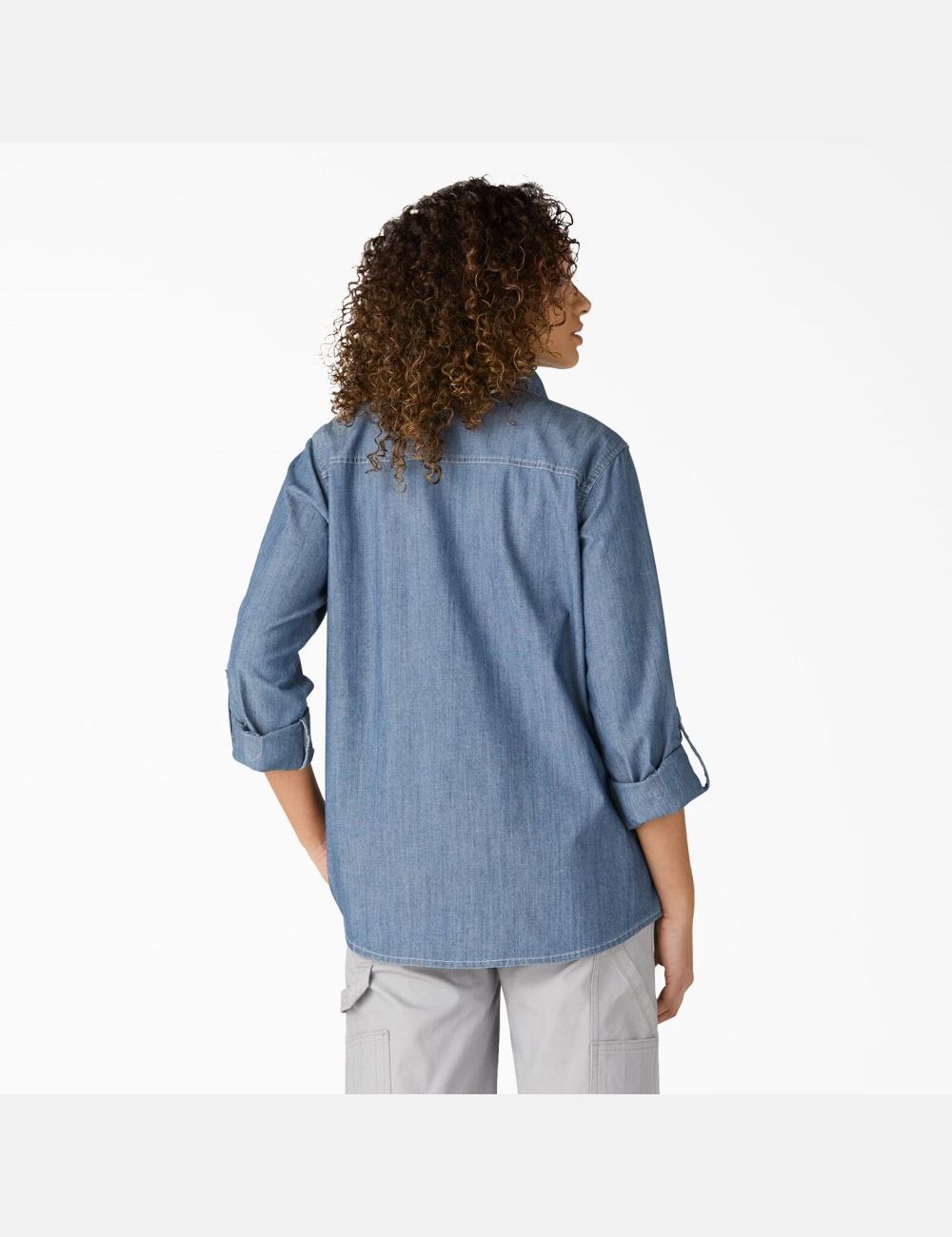 Long Sleeve Dickies Chambray Roll-Tab Travail Shirt Bleu Clair | 502BTYXLO