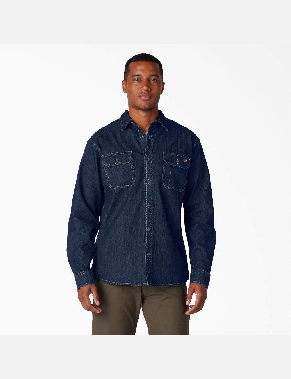 Long Sleeve Dickies FLEX Denim Shirt Bleu Foncé Lavage | 075LIKAPH