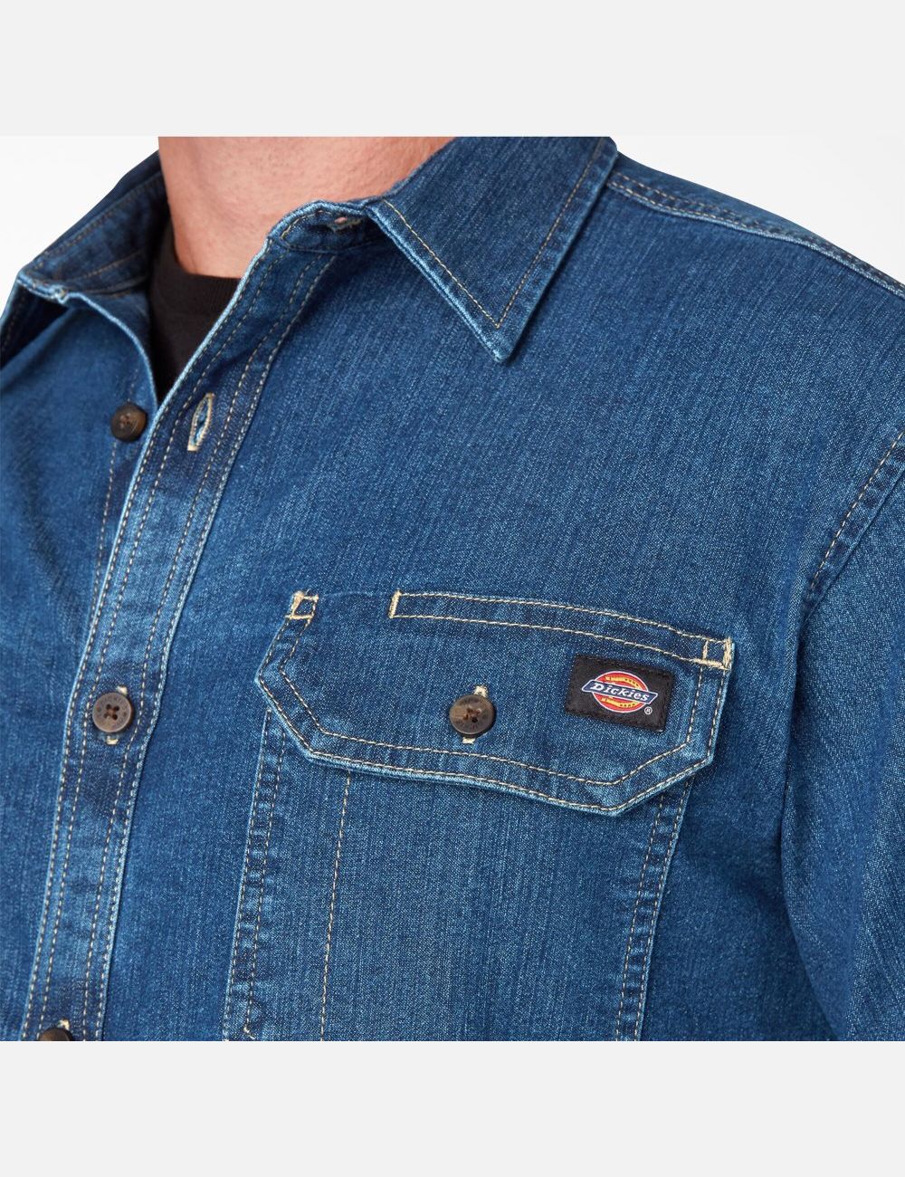 Long Sleeve Dickies FLEX Denim Shirt Bleu Lavage | 412CILHPJ