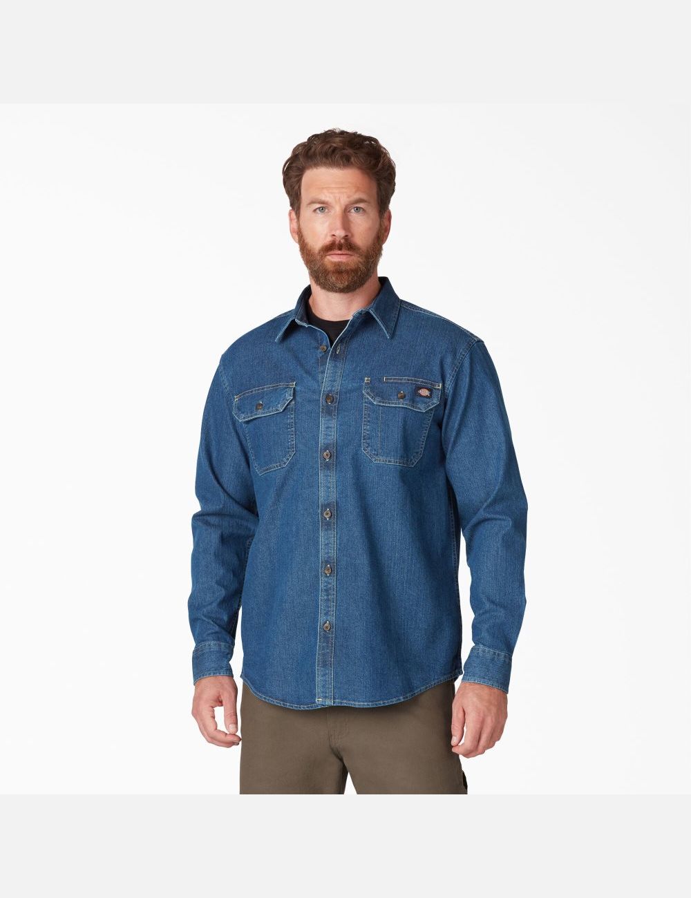 Long Sleeve Dickies FLEX Denim Shirt Bleu Lavage | 412CILHPJ