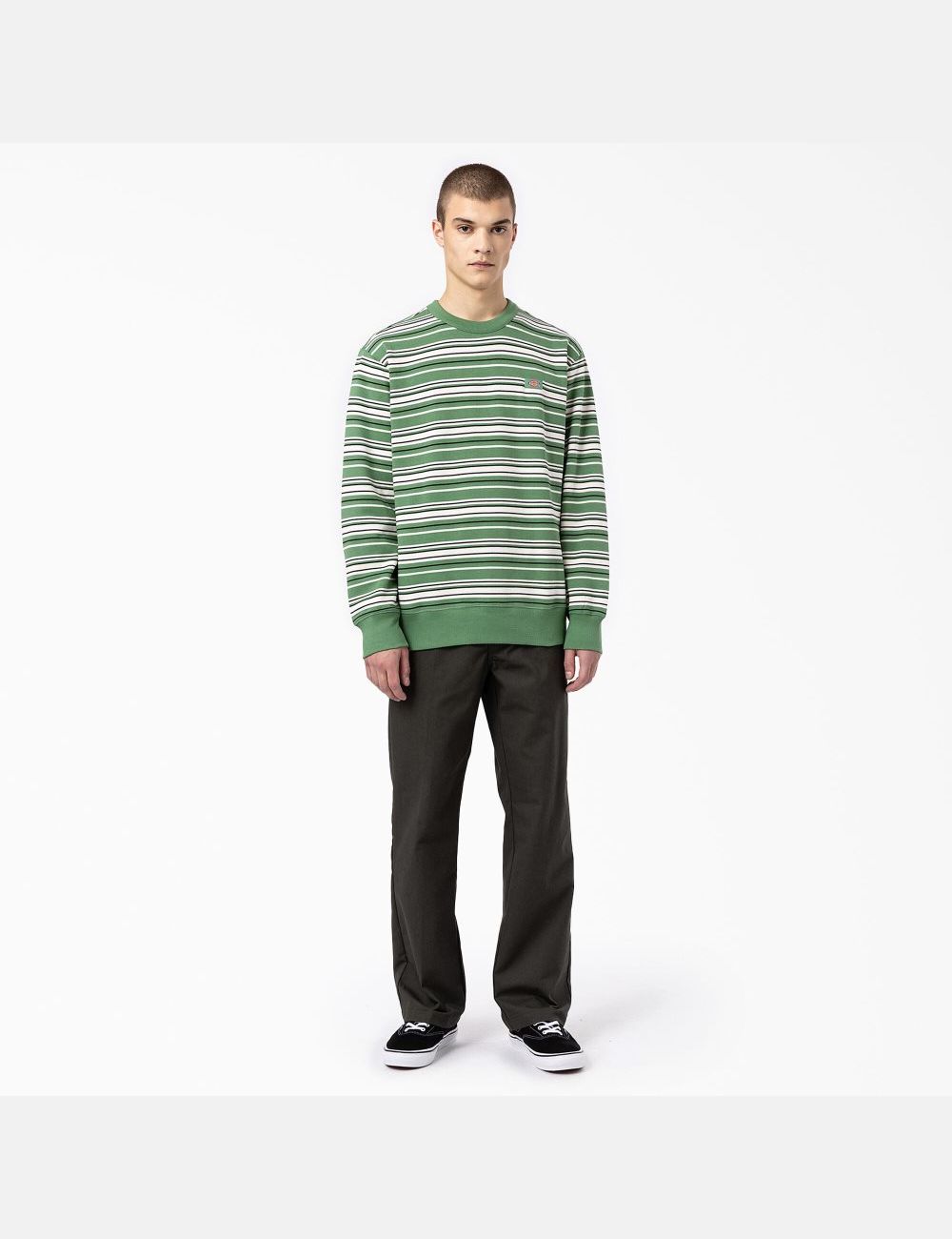 Sweatshirt Dickies Westover Rayé Crew Neck Vert Foncé Stripes | 365HJEZFN