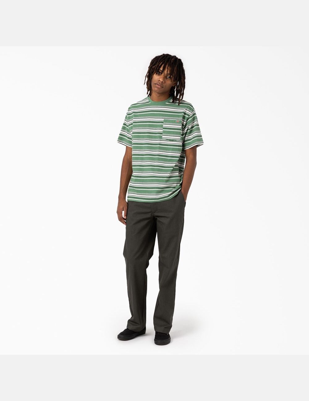 T Shirts Dickies Relaxed Fit Rayé Pocket Vert Foncé Stripes | 176NJZXIA