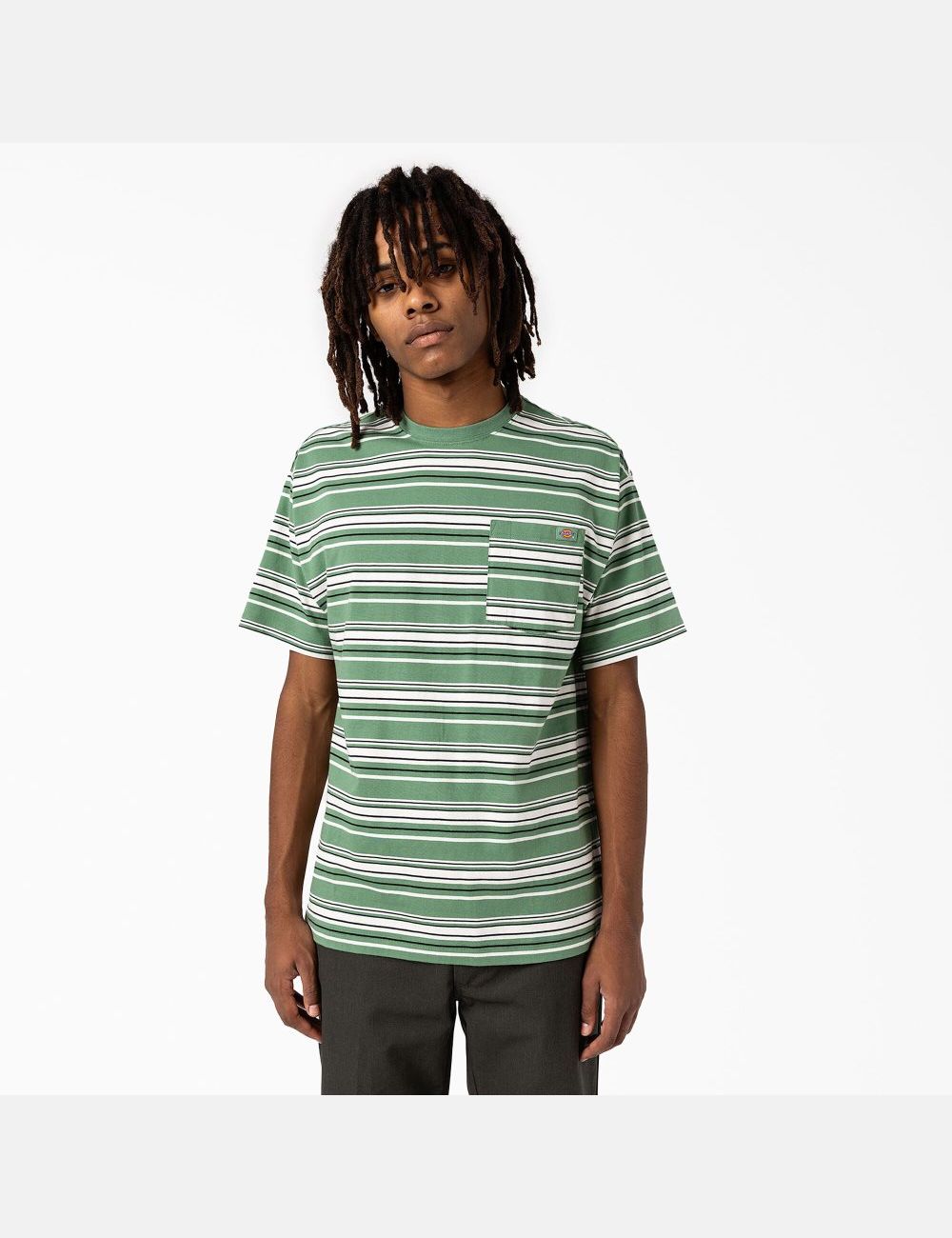 T Shirts Dickies Relaxed Fit Rayé Pocket Vert Foncé Stripes | 176NJZXIA