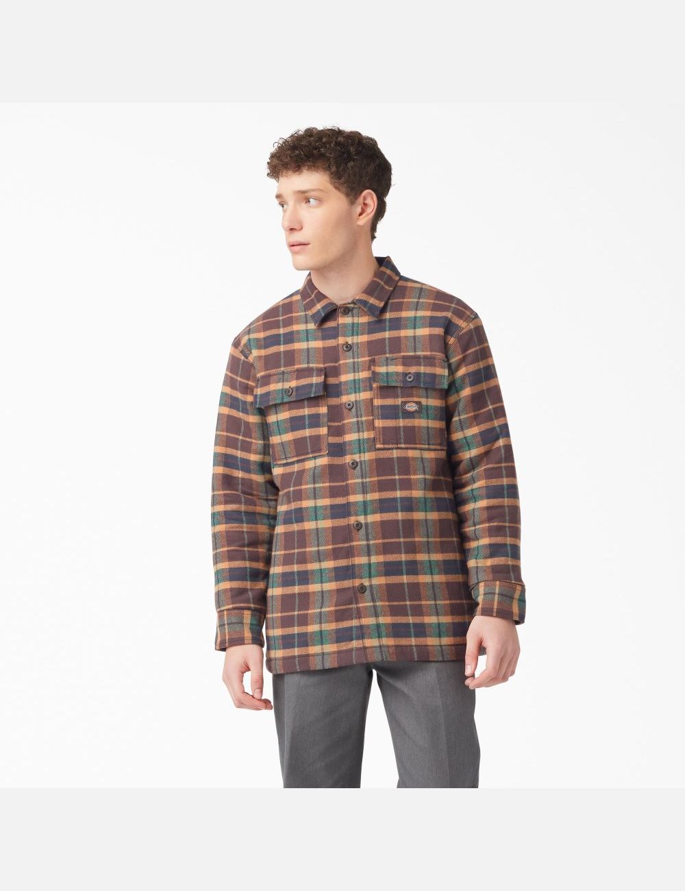 Vestes Chemises Dickies Flannel Matelassé Doublée Marron Vert Foncé | 384HRWJPC